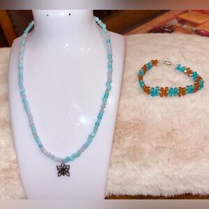 Amazonite Bead With Silver Tone Butterfly Necklace & Blue/Brown Bead Bracelet